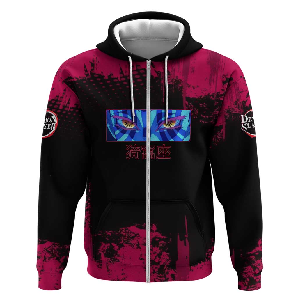 Akaza Demon Slayer Intense Eyes Design Hoodie with Red and Black Grunge Aesthetic and Dynamic Pose - The Mazicc