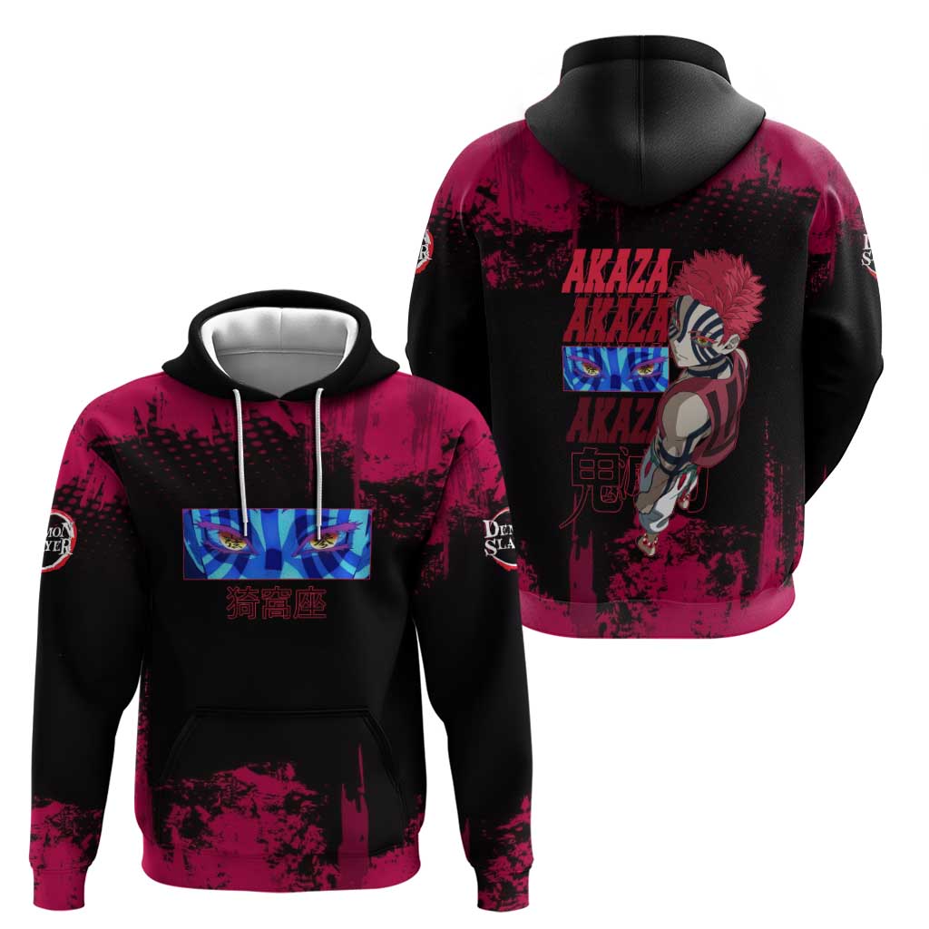 Akaza Demon Slayer Intense Eyes Design Hoodie with Red and Black Grunge Aesthetic and Dynamic Pose - The Mazicc