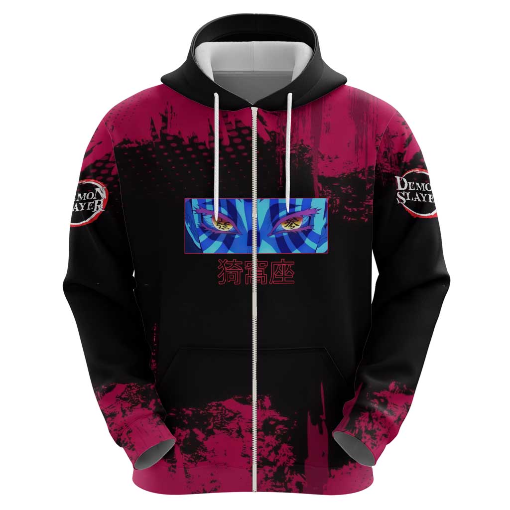 Akaza Demon Slayer Intense Eyes Design Hoodie with Red and Black Grunge Aesthetic and Dynamic Pose - The Mazicc