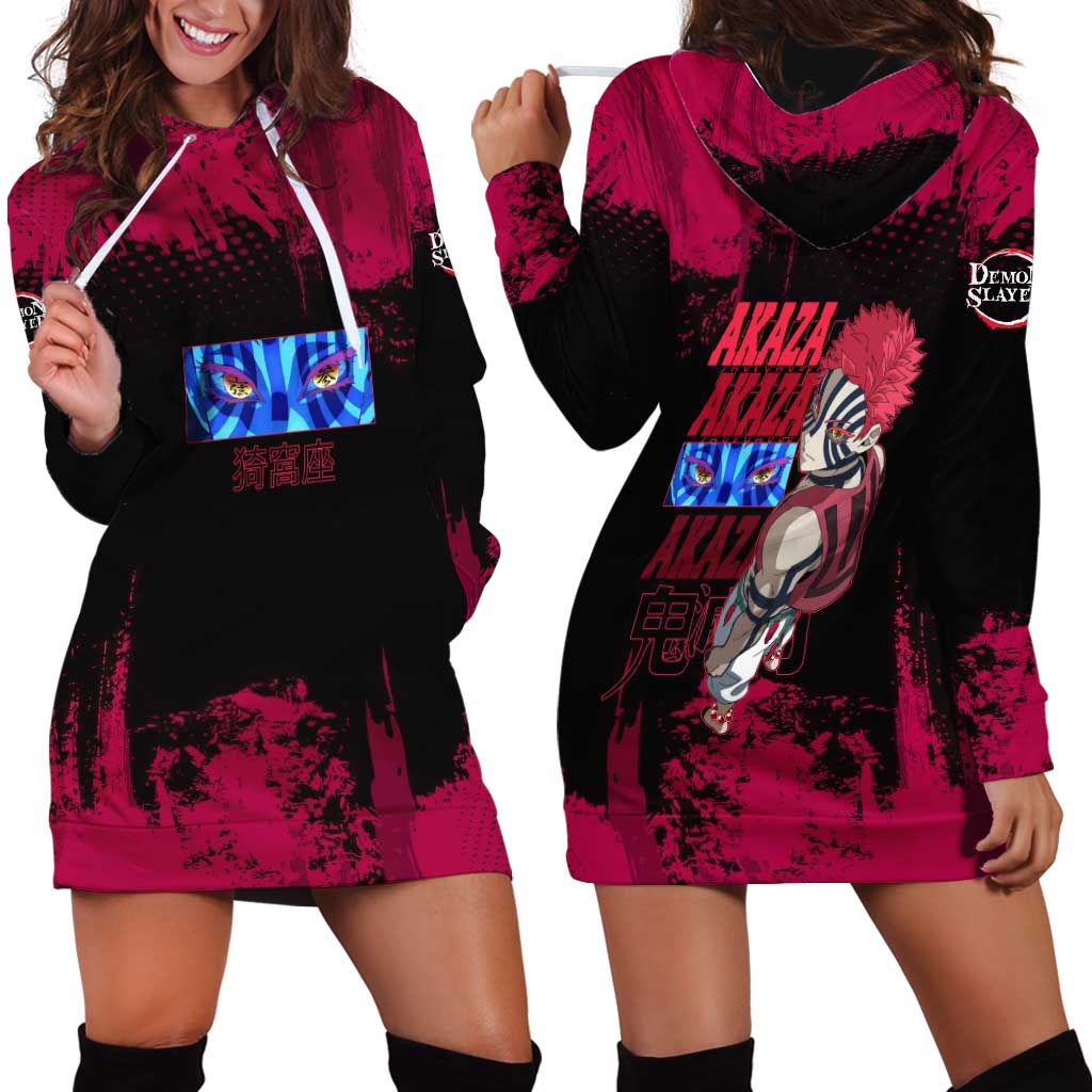 Akaza Demon Slayer Intense Eyes Design Hoodie Dress with Red and Black Grunge Aesthetic and Dynamic Pose - The Mazicc