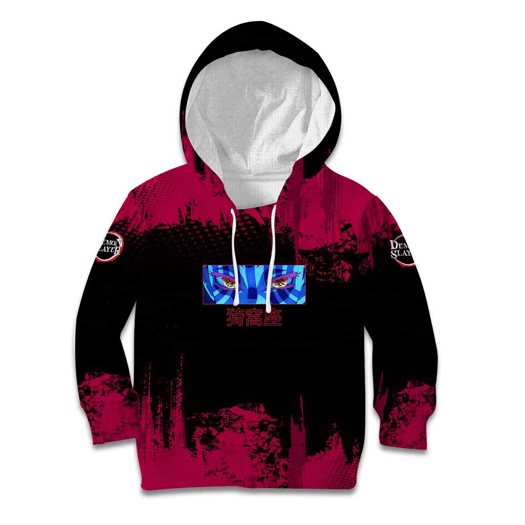 Akaza Demon Slayer Intense Eyes Design Kid Hoodie with Red and Black Grunge Aesthetic and Dynamic Pose - The Mazicc