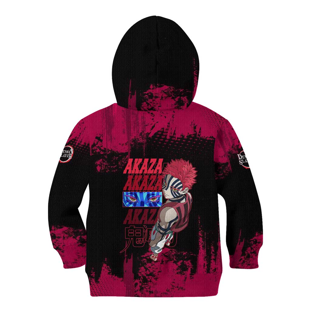 Akaza Demon Slayer Intense Eyes Design Kid Hoodie with Red and Black Grunge Aesthetic and Dynamic Pose - The Mazicc