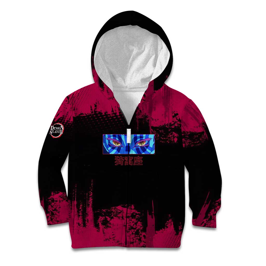 Akaza Demon Slayer Intense Eyes Design Kid Hoodie with Red and Black Grunge Aesthetic and Dynamic Pose - The Mazicc