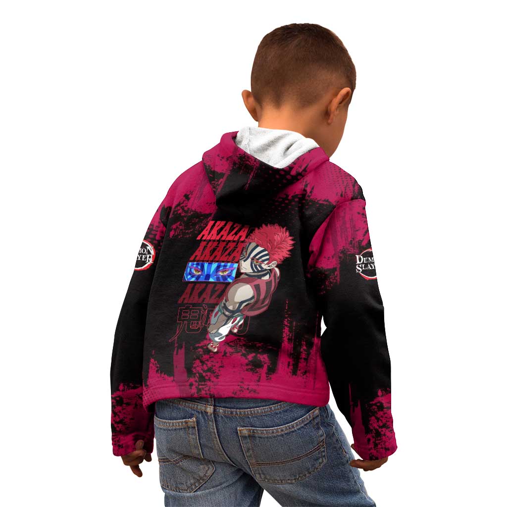 Akaza Demon Slayer Intense Eyes Design Kid Hoodie with Red and Black Grunge Aesthetic and Dynamic Pose - The Mazicc