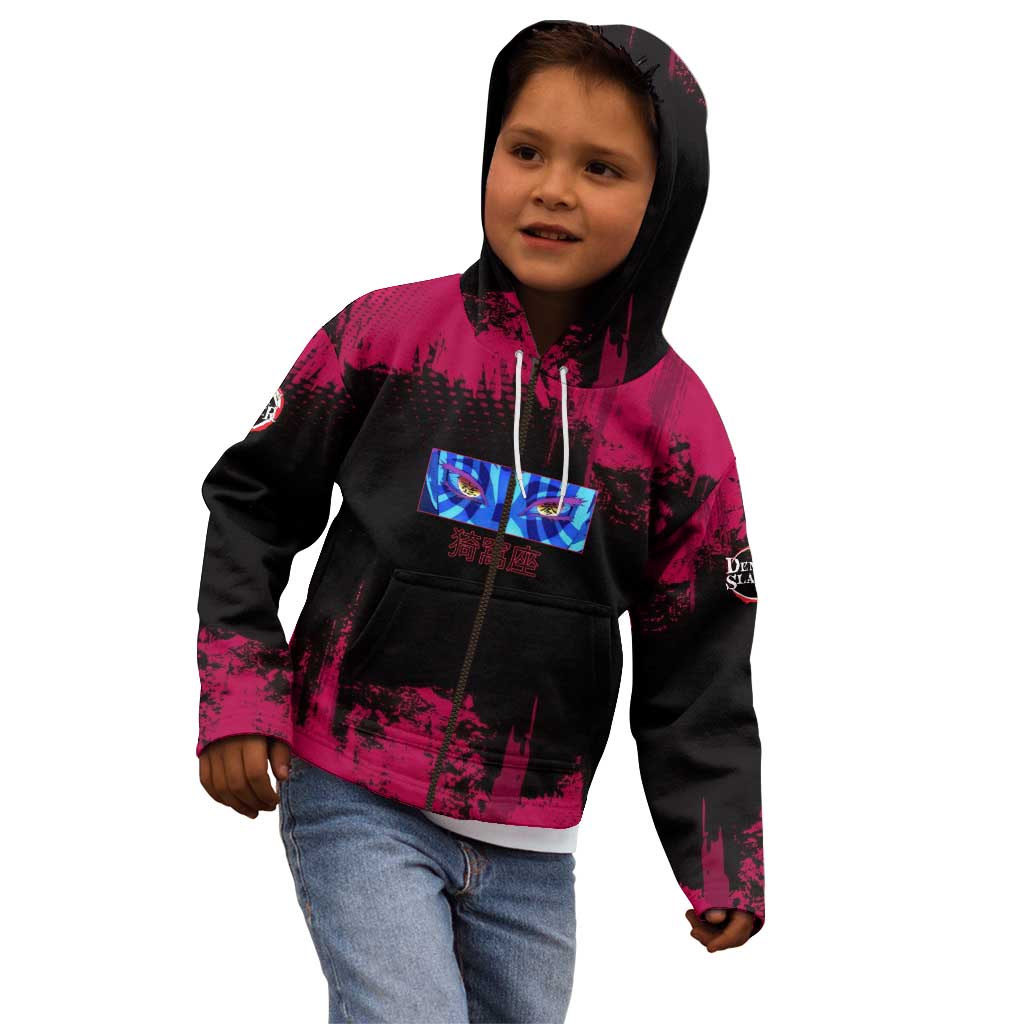 Akaza Demon Slayer Intense Eyes Design Kid Hoodie with Red and Black Grunge Aesthetic and Dynamic Pose - The Mazicc