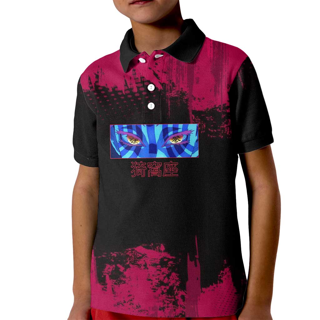 Akaza Demon Slayer Intense Eyes Design Kid Polo Shirt with Red and Black Grunge Aesthetic and Dynamic Pose - The Mazicc