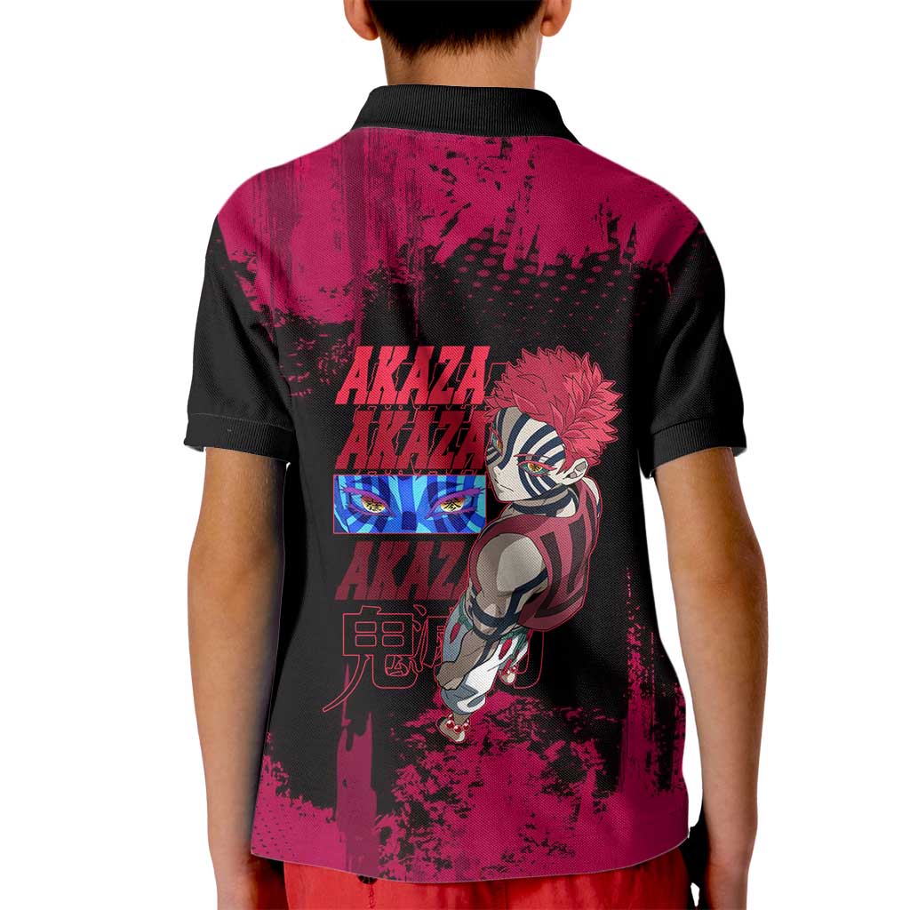 Akaza Demon Slayer Intense Eyes Design Kid Polo Shirt with Red and Black Grunge Aesthetic and Dynamic Pose - The Mazicc