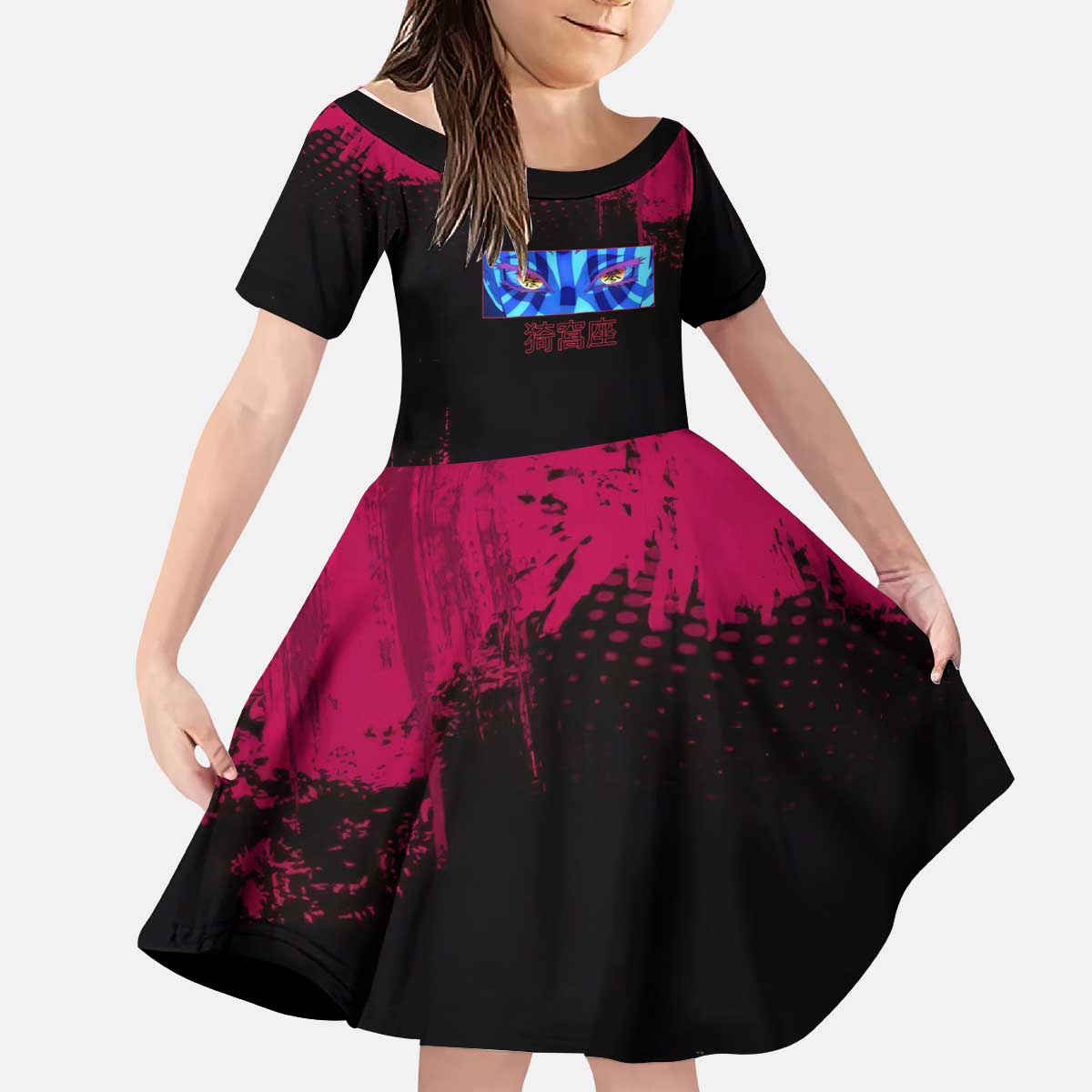 Akaza Demon Slayer Intense Eyes Design Kid Short Sleeve Dress with Red and Black Grunge Aesthetic and Dynamic Pose - The Mazicc