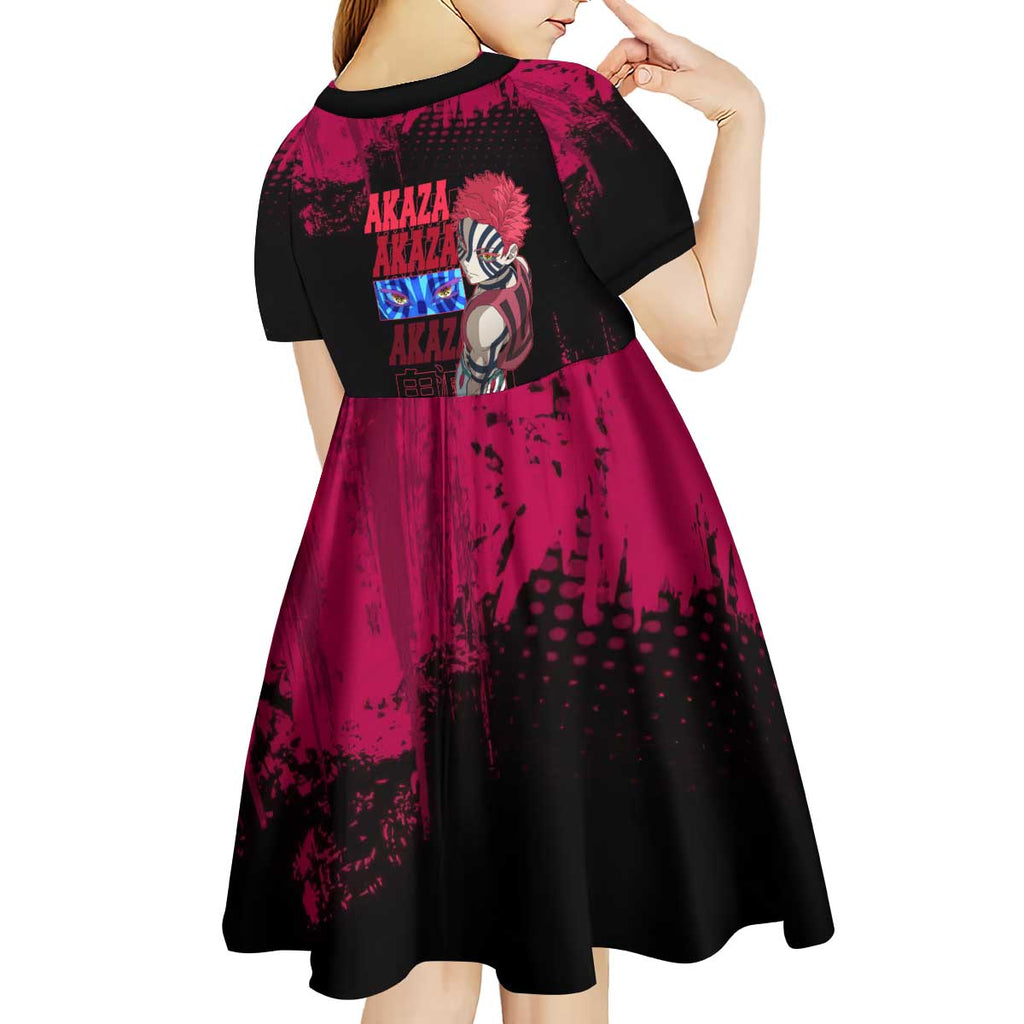 Akaza Demon Slayer Intense Eyes Design Kid Short Sleeve Dress with Red and Black Grunge Aesthetic and Dynamic Pose - The Mazicc