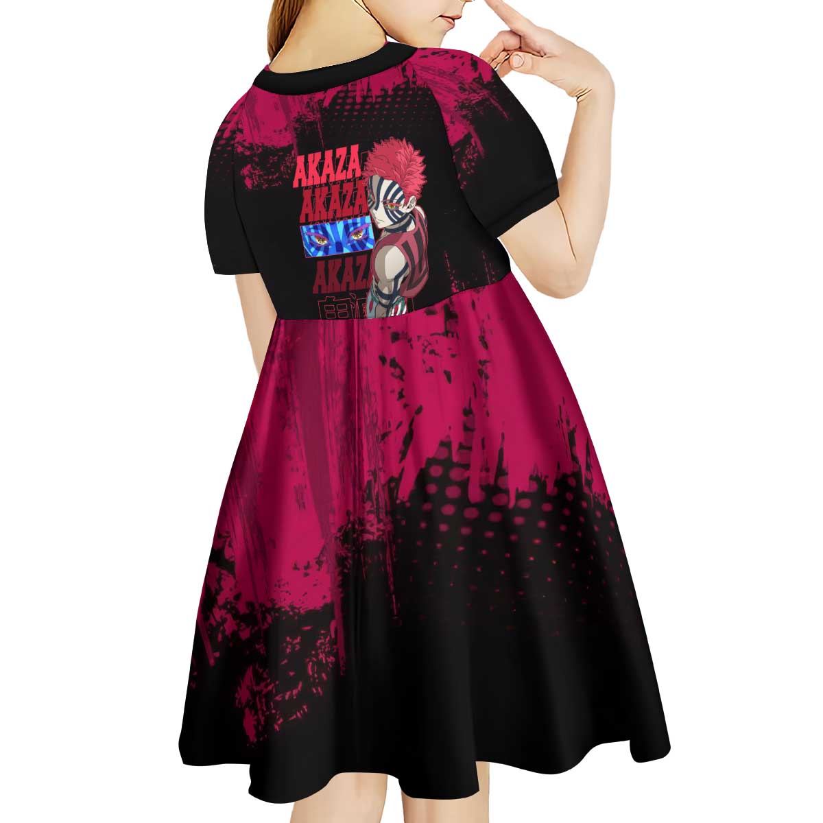 Akaza Demon Slayer Intense Eyes Design Kid Short Sleeve Dress with Red and Black Grunge Aesthetic and Dynamic Pose - The Mazicc