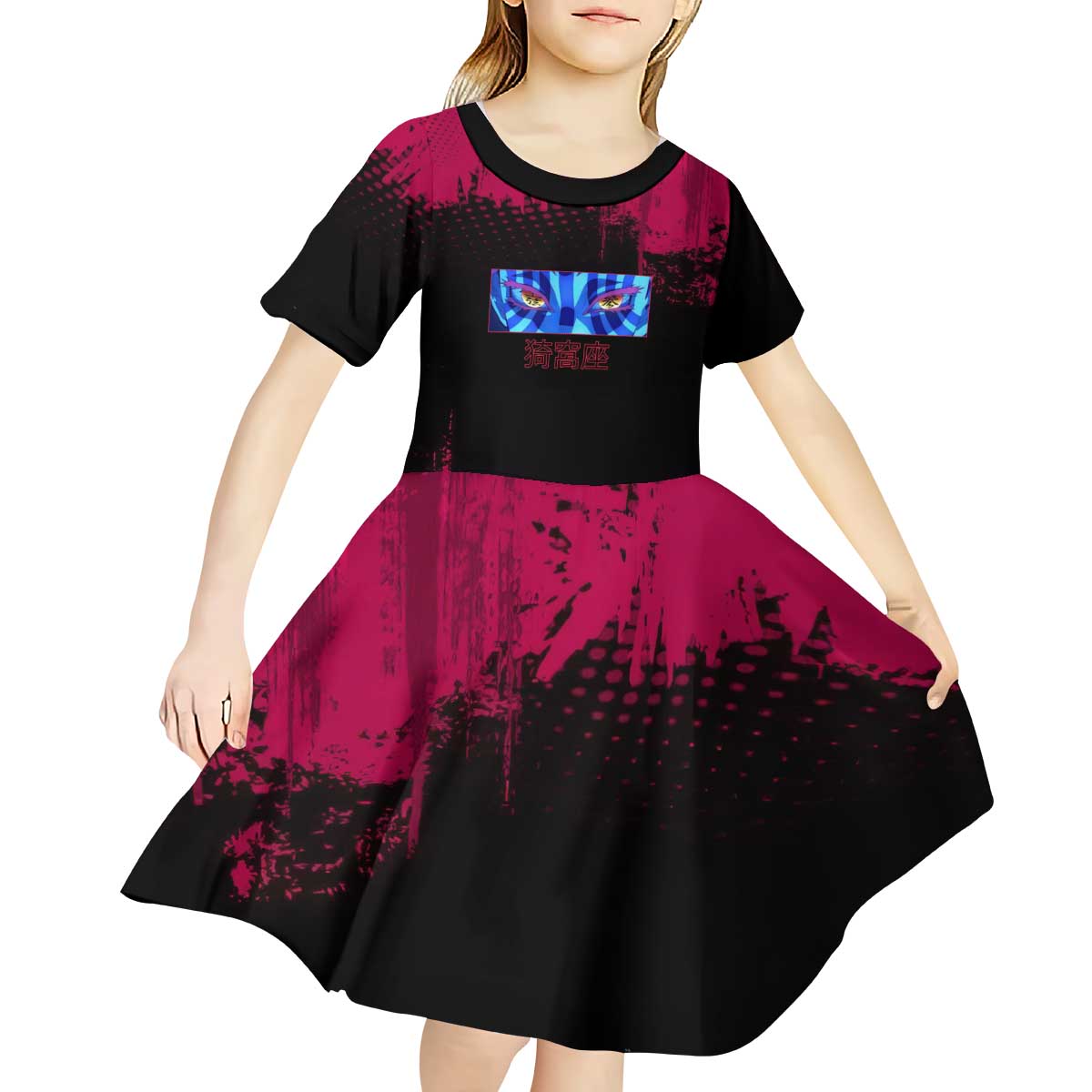 Akaza Demon Slayer Intense Eyes Design Kid Short Sleeve Dress with Red and Black Grunge Aesthetic and Dynamic Pose - The Mazicc