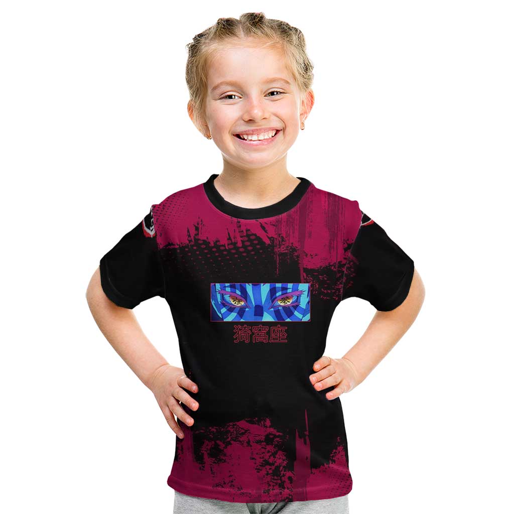 Akaza Demon Slayer Intense Eyes Design Kid T Shirt with Red and Black Grunge Aesthetic and Dynamic Pose - The Mazicc