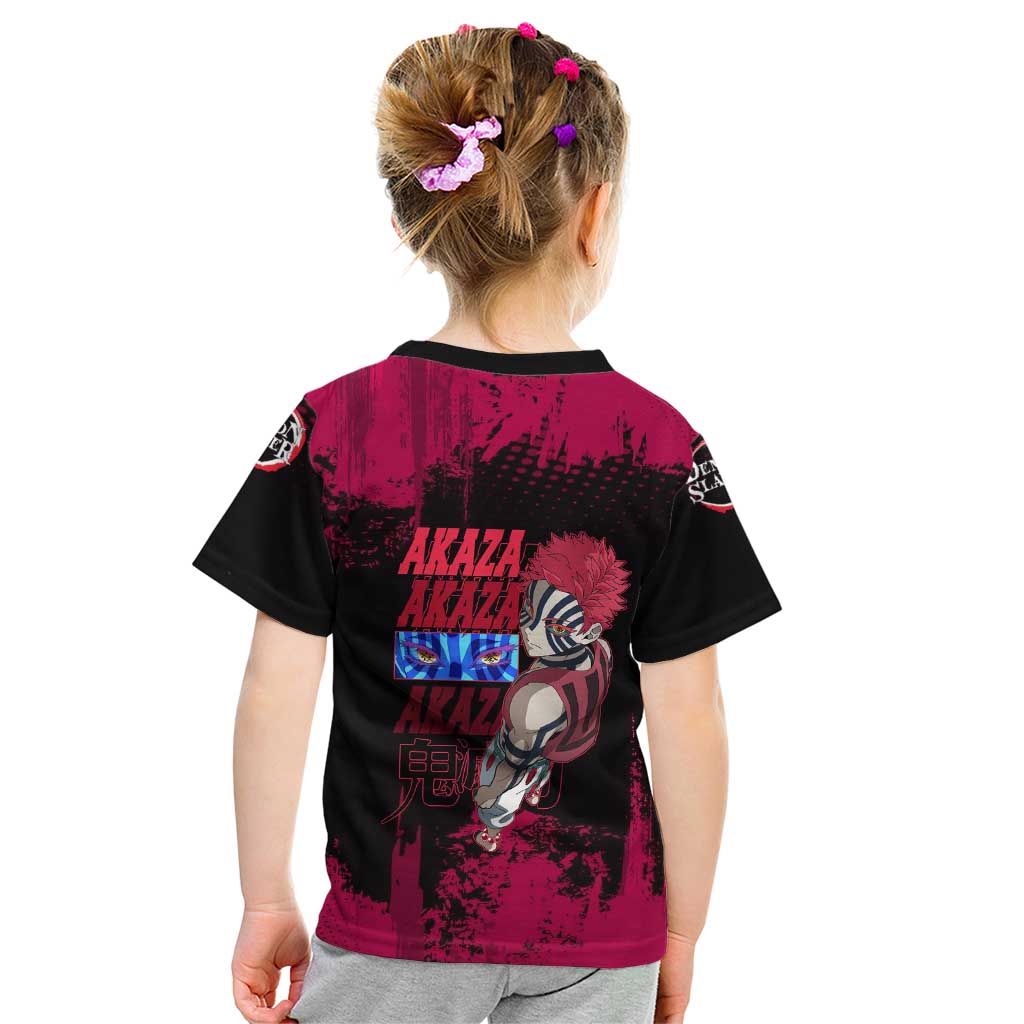 Akaza Demon Slayer Intense Eyes Design Kid T Shirt with Red and Black Grunge Aesthetic and Dynamic Pose - The Mazicc
