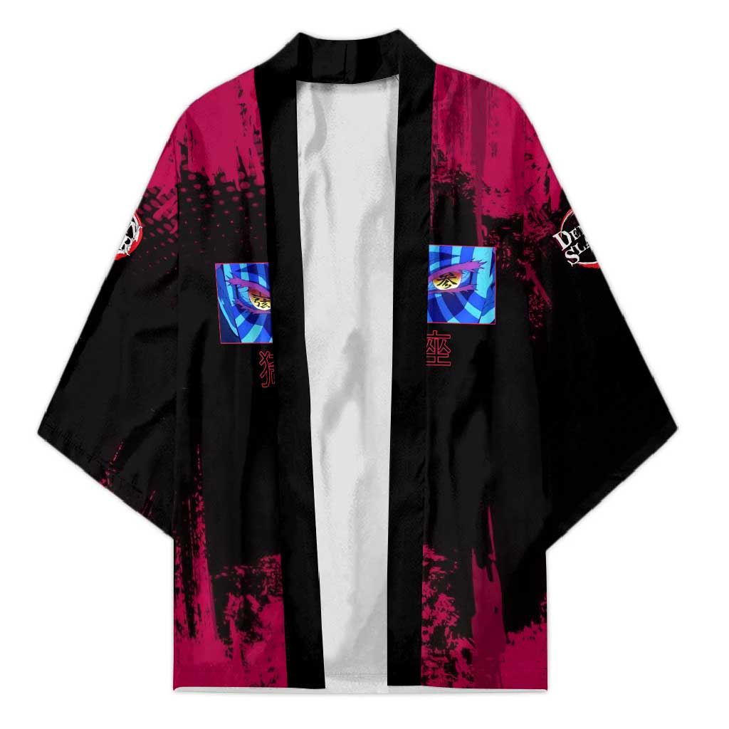 Akaza Demon Slayer Intense Eyes Design Kimono with Red and Black Grunge Aesthetic and Dynamic Pose - The Mazicc