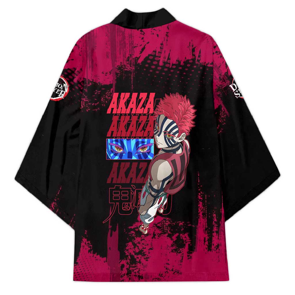 Akaza Demon Slayer Intense Eyes Design Kimono with Red and Black Grunge Aesthetic and Dynamic Pose - The Mazicc
