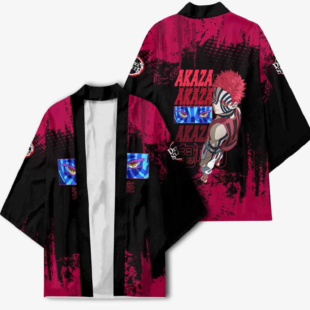 Akaza Demon Slayer Intense Eyes Design Kimono with Red and Black Grunge Aesthetic and Dynamic Pose - The Mazicc