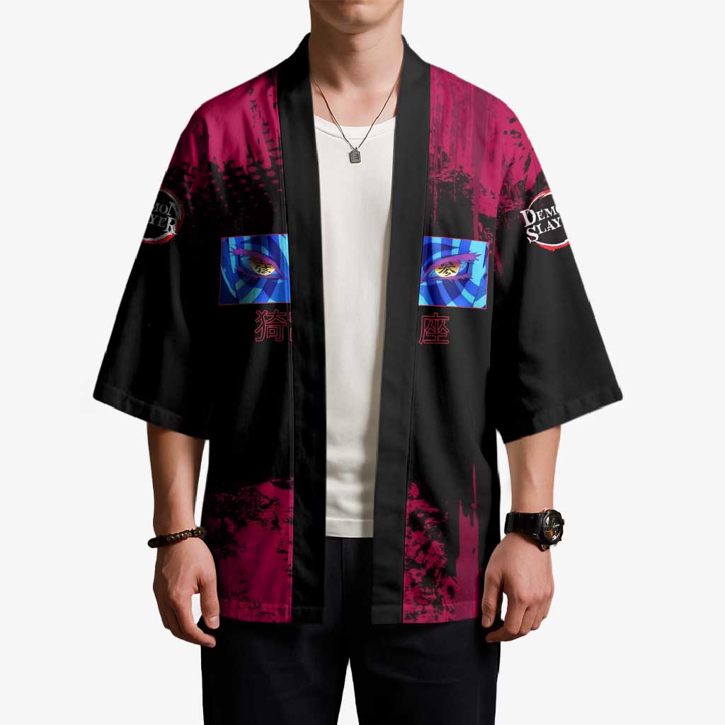 Akaza Demon Slayer Intense Eyes Design Kimono with Red and Black Grunge Aesthetic and Dynamic Pose - The Mazicc