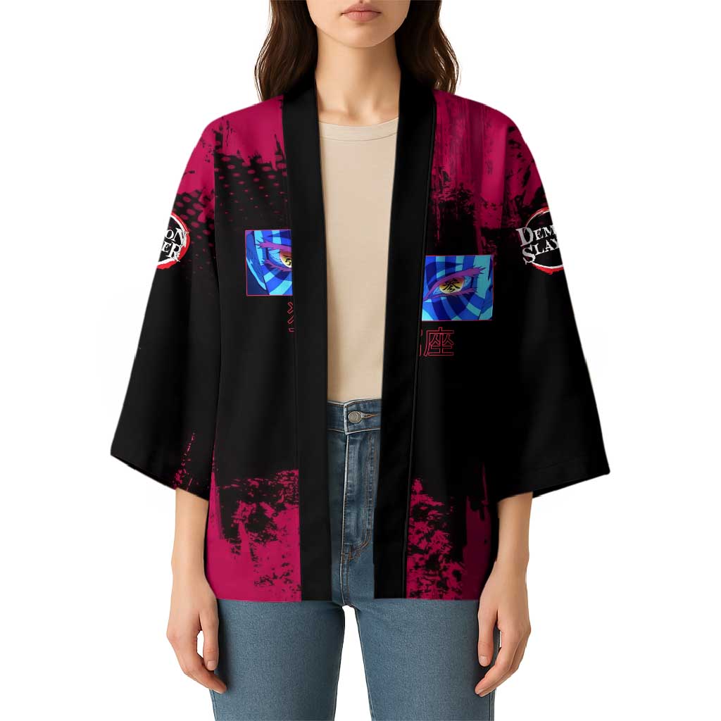 Akaza Demon Slayer Intense Eyes Design Kimono with Red and Black Grunge Aesthetic and Dynamic Pose - The Mazicc
