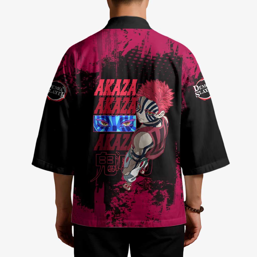 Akaza Demon Slayer Intense Eyes Design Kimono with Red and Black Grunge Aesthetic and Dynamic Pose - The Mazicc