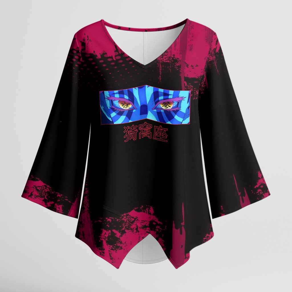 Akaza Demon Slayer Intense Eyes Design Kimono Sleeve Blouse with Red and Black Grunge Aesthetic and Dynamic Pose - The Mazicc