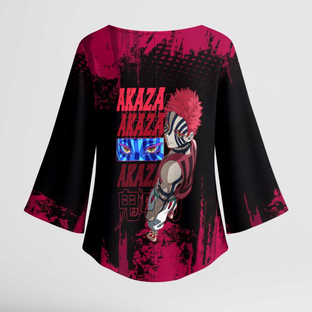 Akaza Demon Slayer Intense Eyes Design Kimono Sleeve Blouse with Red and Black Grunge Aesthetic and Dynamic Pose - The Mazicc