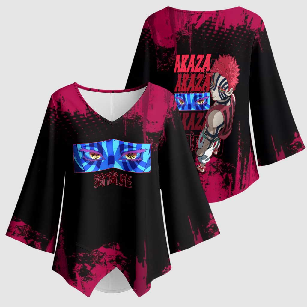 Akaza Demon Slayer Intense Eyes Design Kimono Sleeve Blouse with Red and Black Grunge Aesthetic and Dynamic Pose - The Mazicc