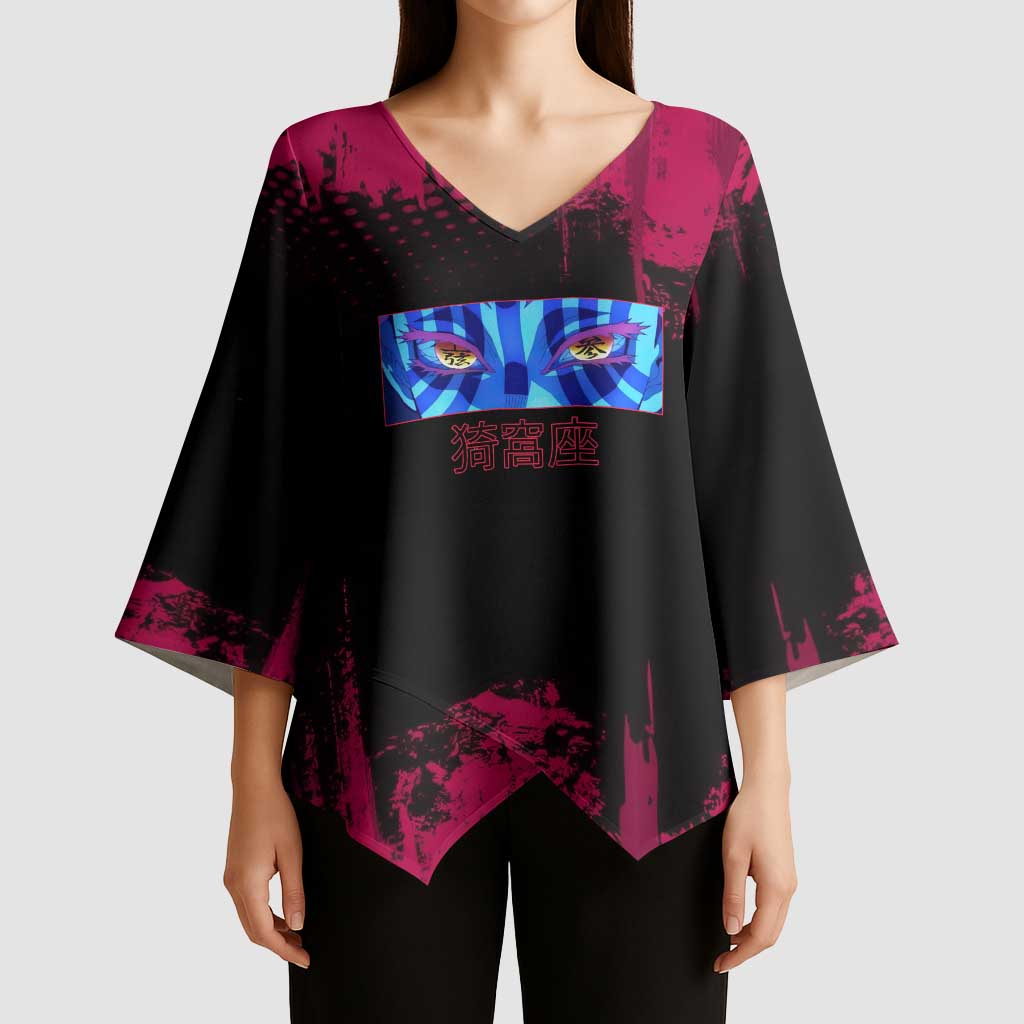 Akaza Demon Slayer Intense Eyes Design Kimono Sleeve Blouse with Red and Black Grunge Aesthetic and Dynamic Pose - The Mazicc