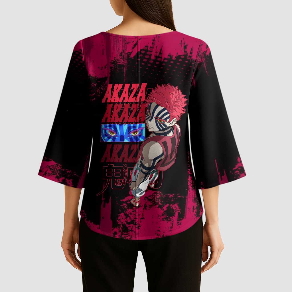Akaza Demon Slayer Intense Eyes Design Kimono Sleeve Blouse with Red and Black Grunge Aesthetic and Dynamic Pose - The Mazicc