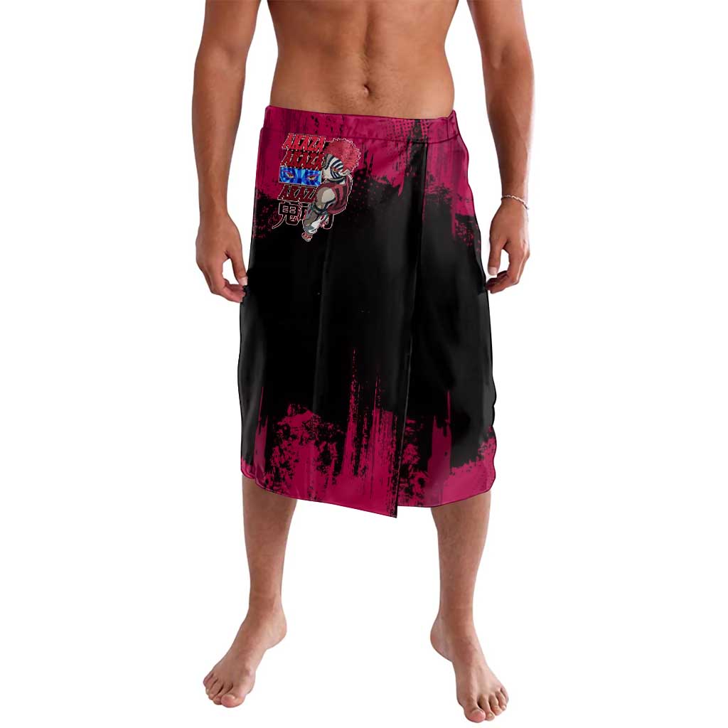 Akaza Demon Slayer Intense Eyes Design Lavalava with Red and Black Grunge Aesthetic and Dynamic Pose - The Mazicc