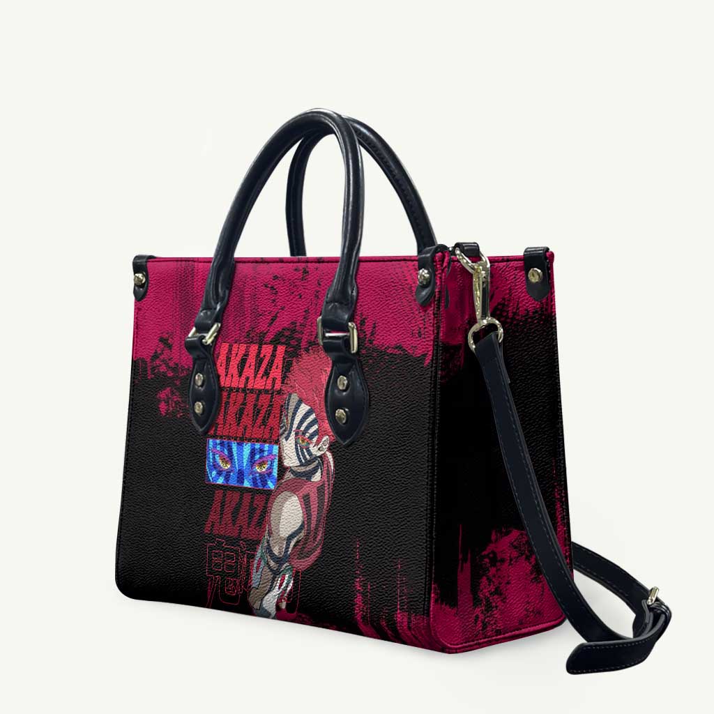Akaza Demon Slayer Intense Eyes Design Leather Bag with Red and Black Grunge Aesthetic and Dynamic Pose - The Mazicc