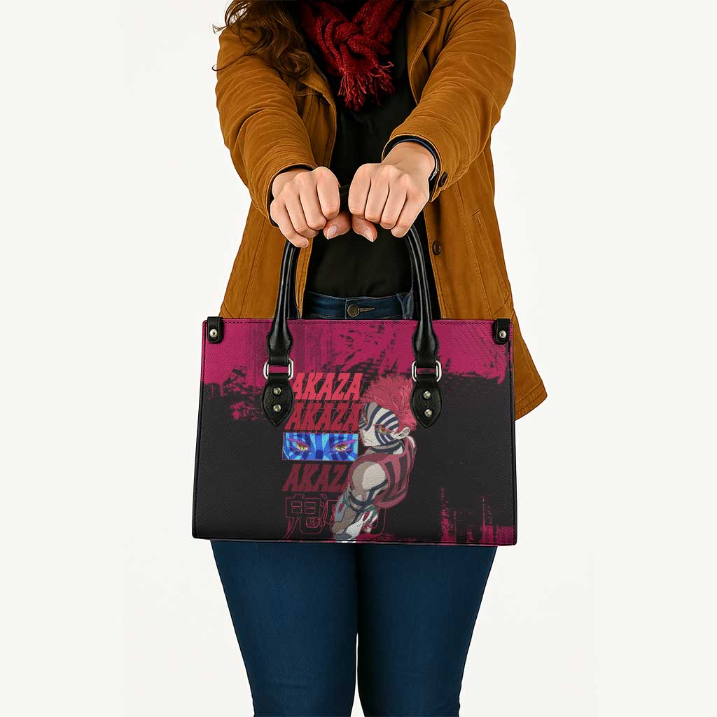 Akaza Demon Slayer Intense Eyes Design Leather Bag with Red and Black Grunge Aesthetic and Dynamic Pose - The Mazicc