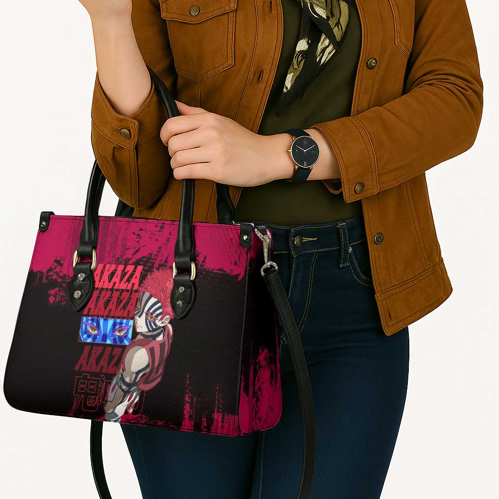 Akaza Demon Slayer Intense Eyes Design Leather Bag with Red and Black Grunge Aesthetic and Dynamic Pose - The Mazicc