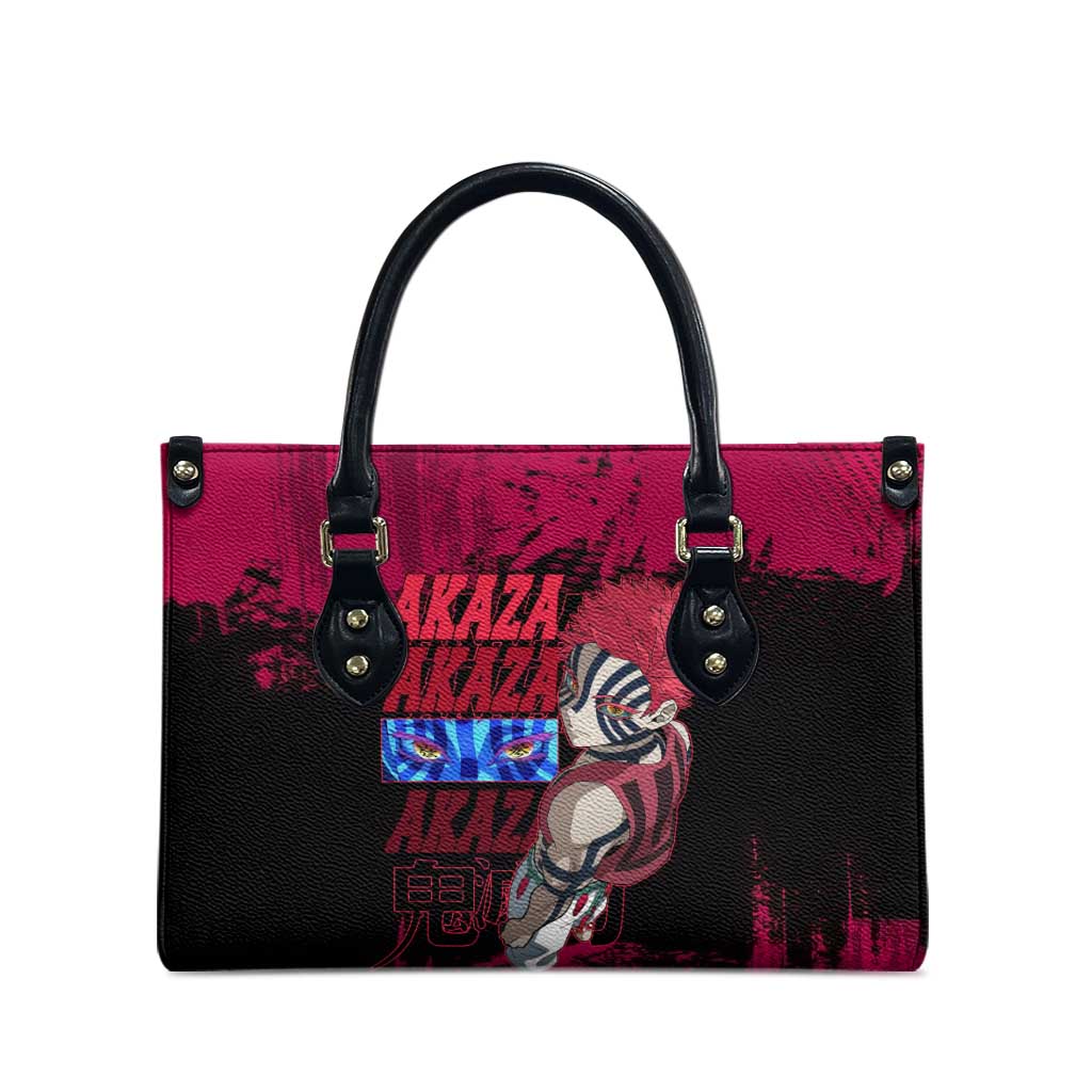 Akaza Demon Slayer Intense Eyes Design Leather Bag with Red and Black Grunge Aesthetic and Dynamic Pose - The Mazicc