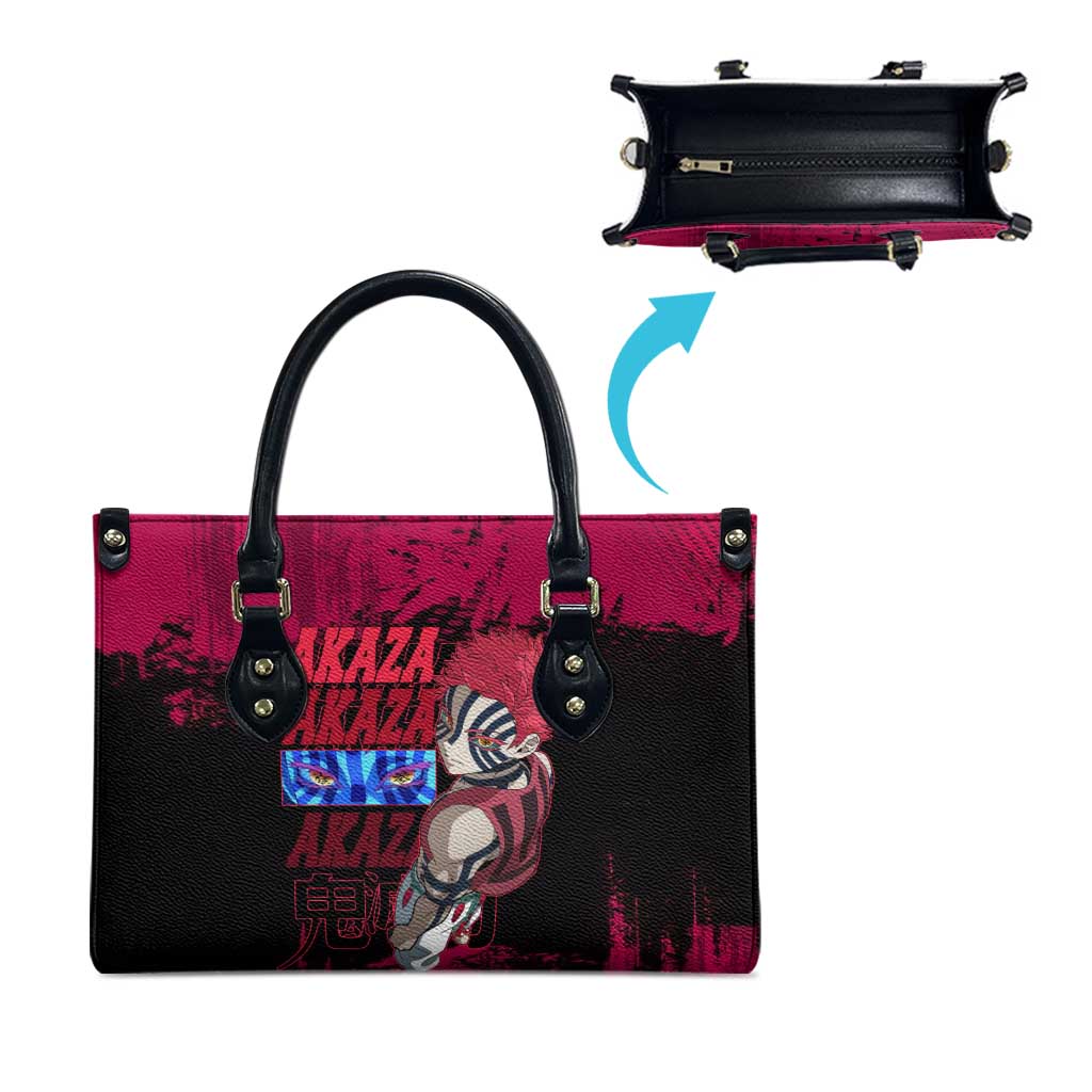 Akaza Demon Slayer Intense Eyes Design Leather Bag with Red and Black Grunge Aesthetic and Dynamic Pose - The Mazicc