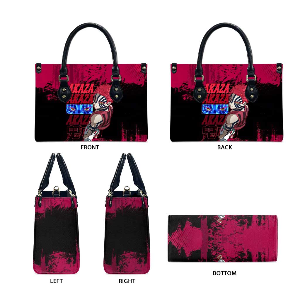 Akaza Demon Slayer Intense Eyes Design Leather Bag with Red and Black Grunge Aesthetic and Dynamic Pose - The Mazicc