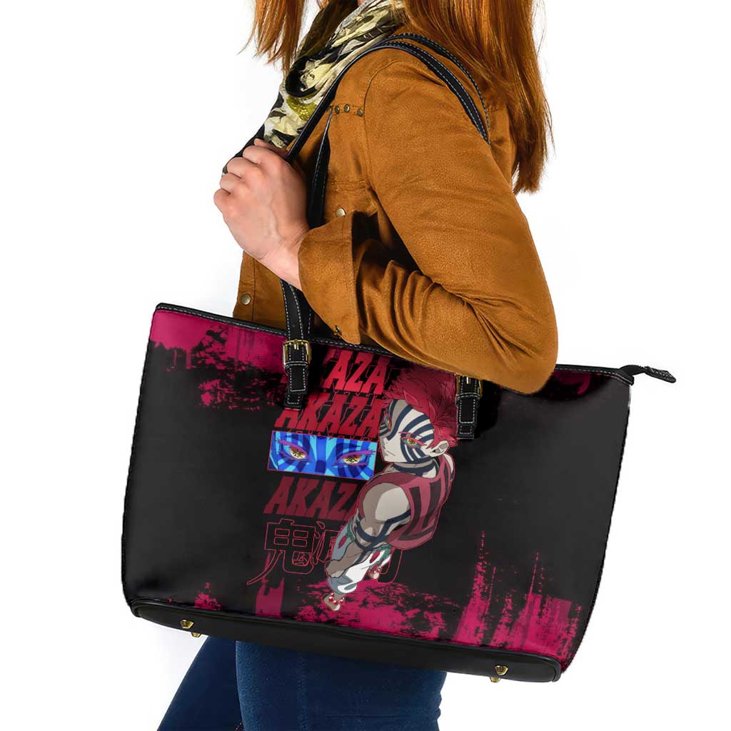 Akaza Demon Slayer Intense Eyes Design Leather Tote Bag with Red and Black Grunge Aesthetic and Dynamic Pose - The Mazicc