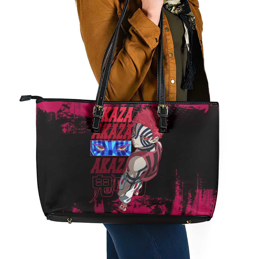 Akaza Demon Slayer Intense Eyes Design Leather Tote Bag with Red and Black Grunge Aesthetic and Dynamic Pose - The Mazicc