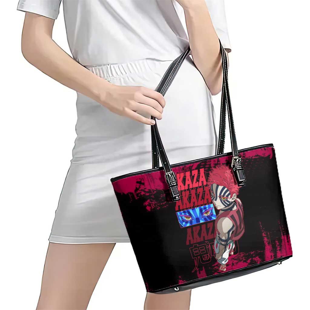 Akaza Demon Slayer Intense Eyes Design Leather Tote Bag with Red and Black Grunge Aesthetic and Dynamic Pose - The Mazicc