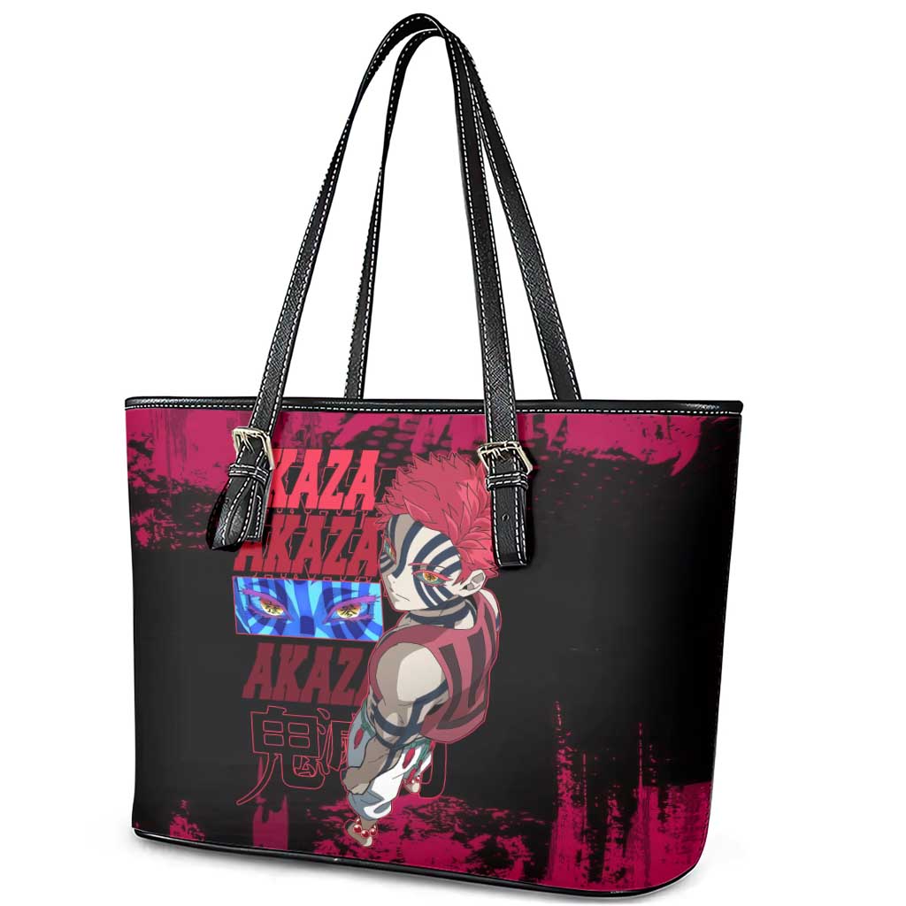 Akaza Demon Slayer Intense Eyes Design Leather Tote Bag with Red and Black Grunge Aesthetic and Dynamic Pose - The Mazicc