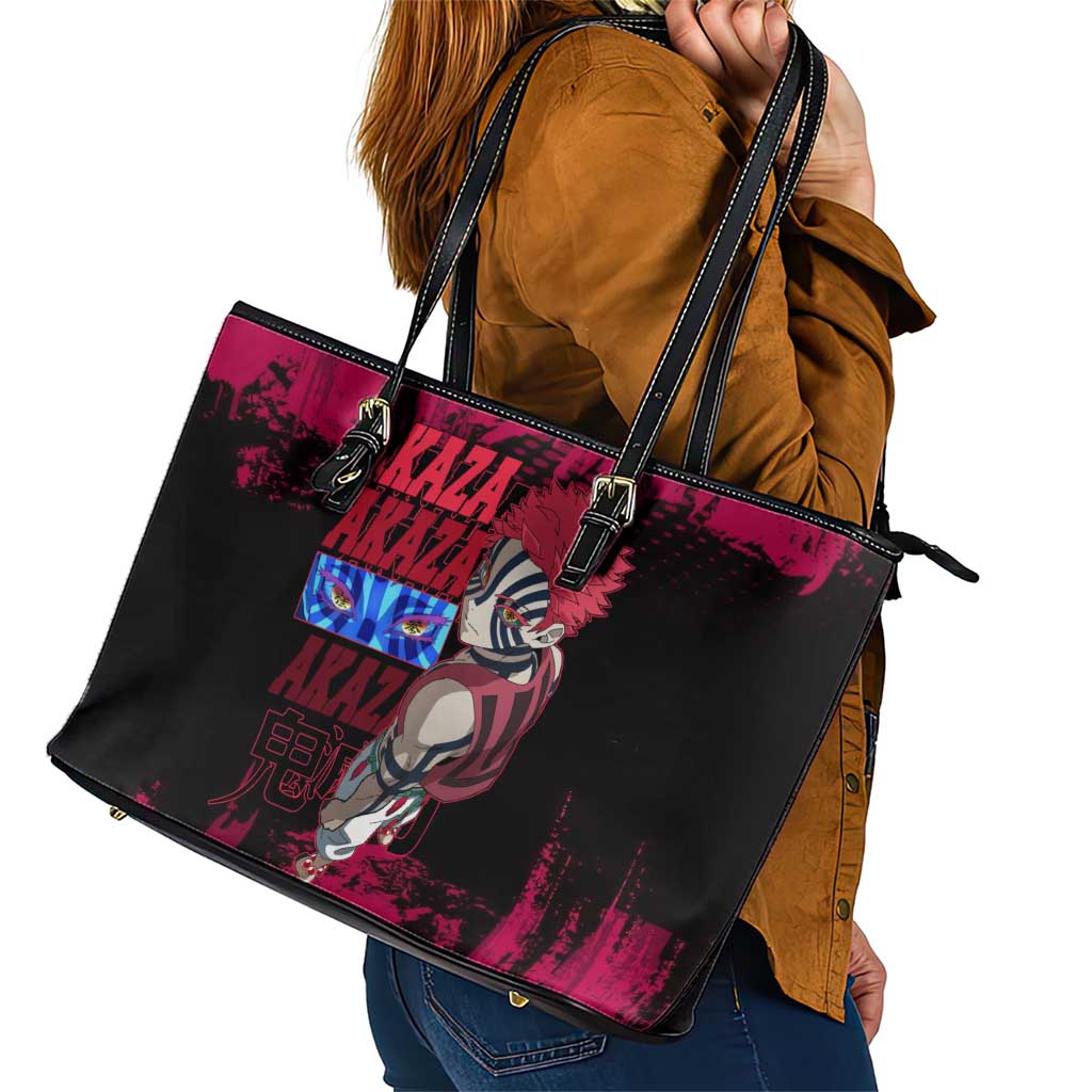 Akaza Demon Slayer Intense Eyes Design Leather Tote Bag with Red and Black Grunge Aesthetic and Dynamic Pose - The Mazicc