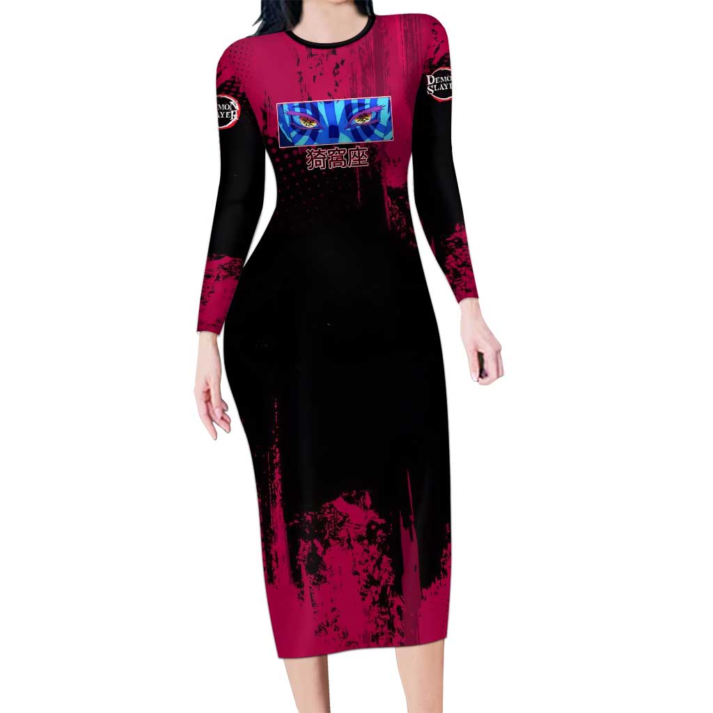 Akaza Demon Slayer Intense Eyes Design Long Sleeve Bodycon Dress with Red and Black Grunge Aesthetic and Dynamic Pose - The Mazicc