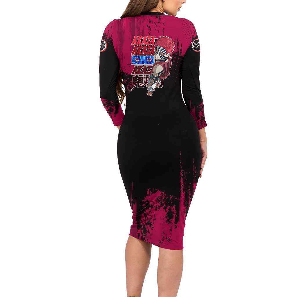 Akaza Demon Slayer Intense Eyes Design Long Sleeve Bodycon Dress with Red and Black Grunge Aesthetic and Dynamic Pose - The Mazicc