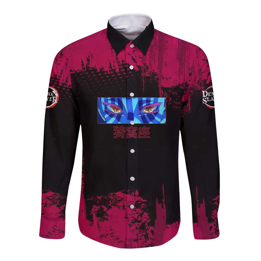 Akaza Demon Slayer Intense Eyes Design Long Sleeve Button Shirt with Red and Black Grunge Aesthetic and Dynamic Pose - The Mazicc