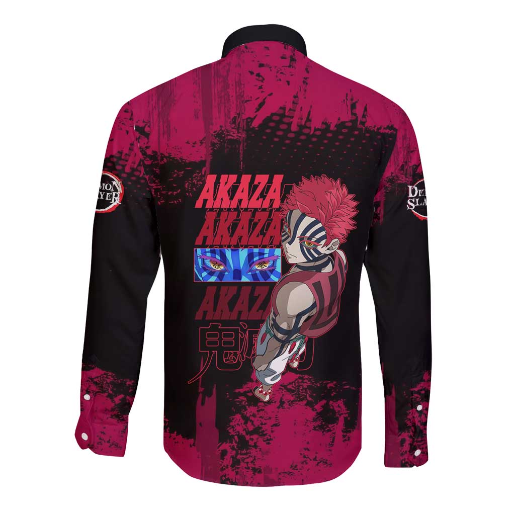 Akaza Demon Slayer Intense Eyes Design Long Sleeve Button Shirt with Red and Black Grunge Aesthetic and Dynamic Pose - The Mazicc