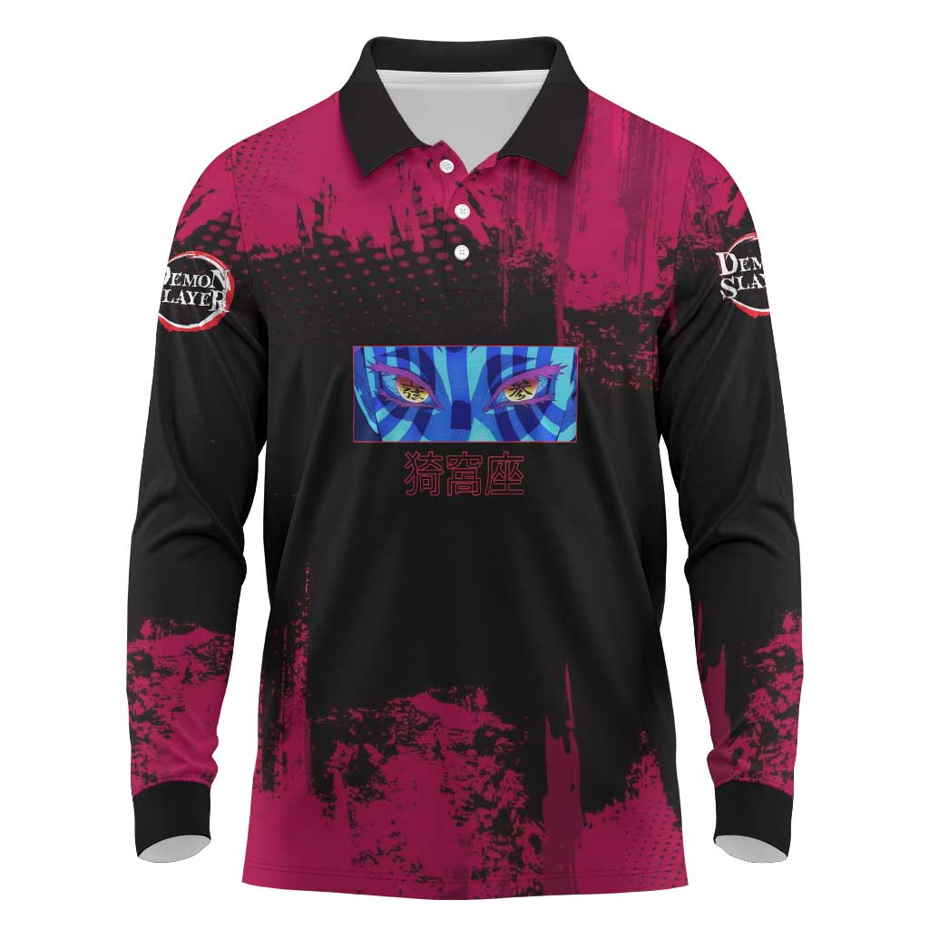 Akaza Demon Slayer Intense Eyes Design Long Sleeve Polo Shirt with Red and Black Grunge Aesthetic and Dynamic Pose - The Mazicc