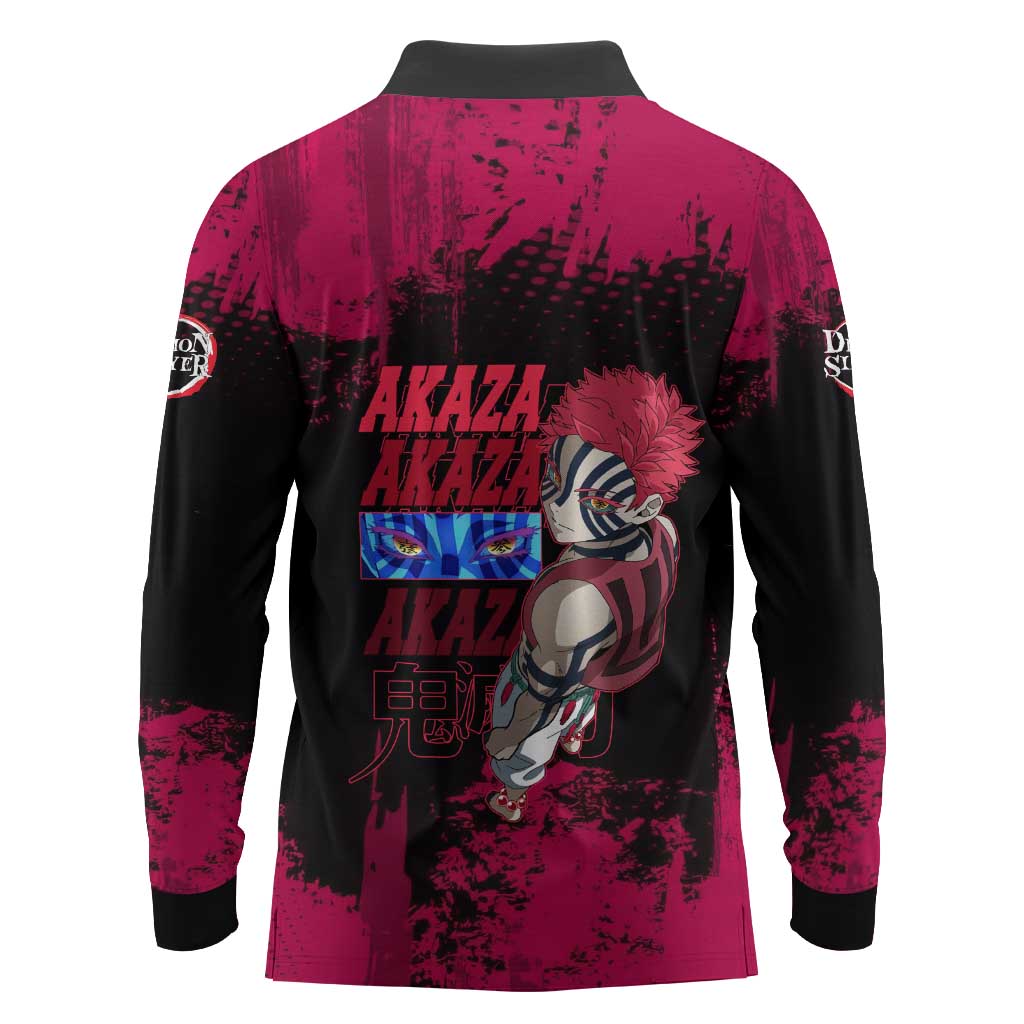 Akaza Demon Slayer Intense Eyes Design Long Sleeve Polo Shirt with Red and Black Grunge Aesthetic and Dynamic Pose - The Mazicc