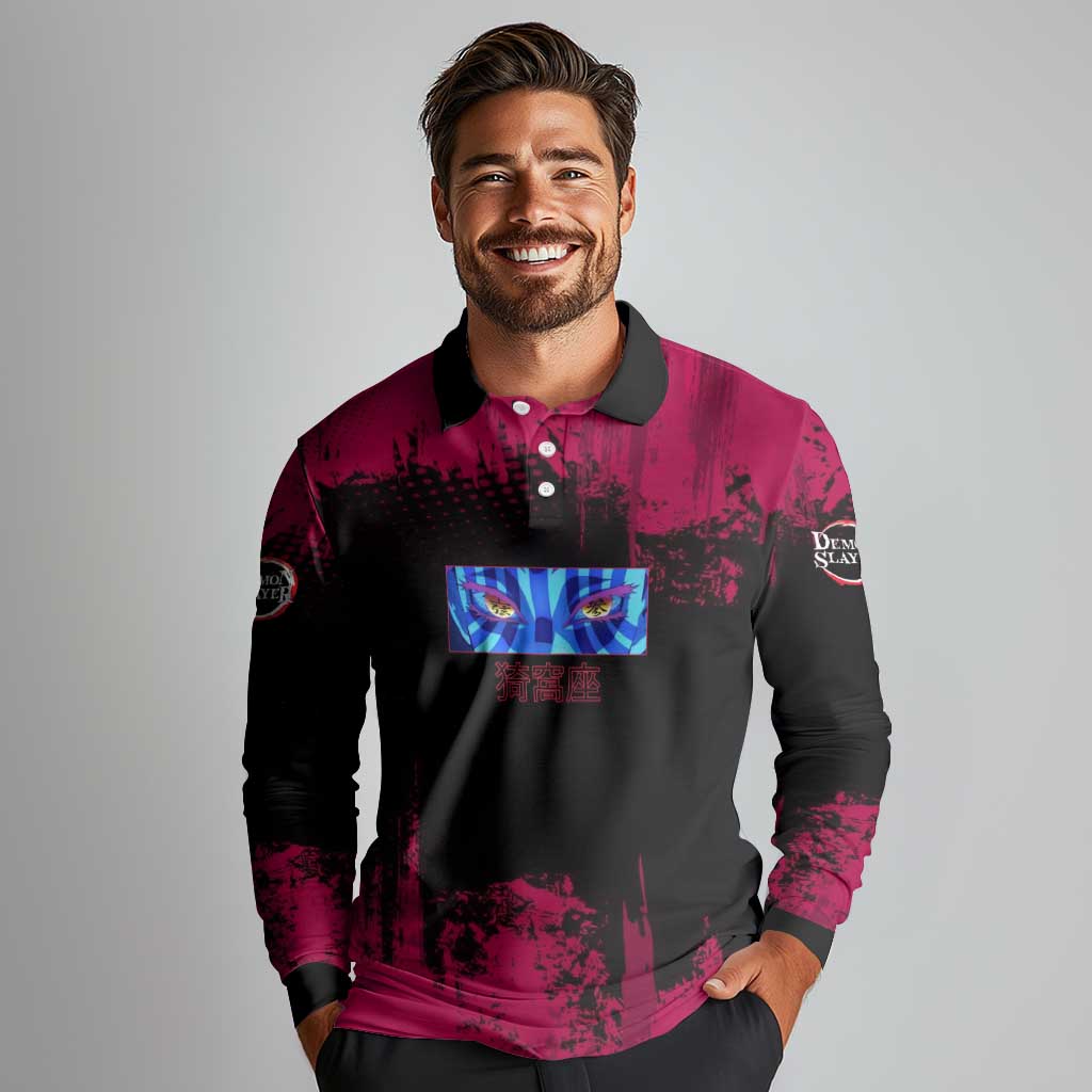 Akaza Demon Slayer Intense Eyes Design Long Sleeve Polo Shirt with Red and Black Grunge Aesthetic and Dynamic Pose - The Mazicc