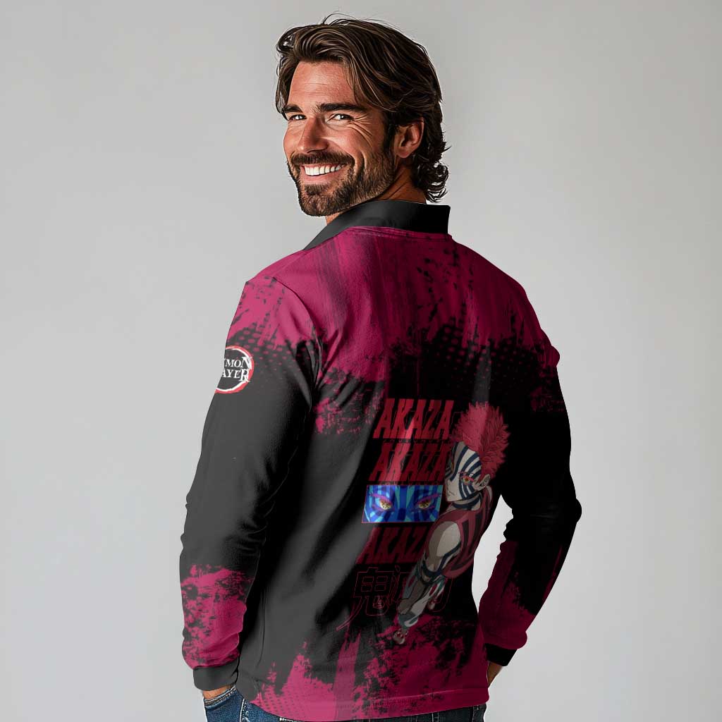 Akaza Demon Slayer Intense Eyes Design Long Sleeve Polo Shirt with Red and Black Grunge Aesthetic and Dynamic Pose - The Mazicc