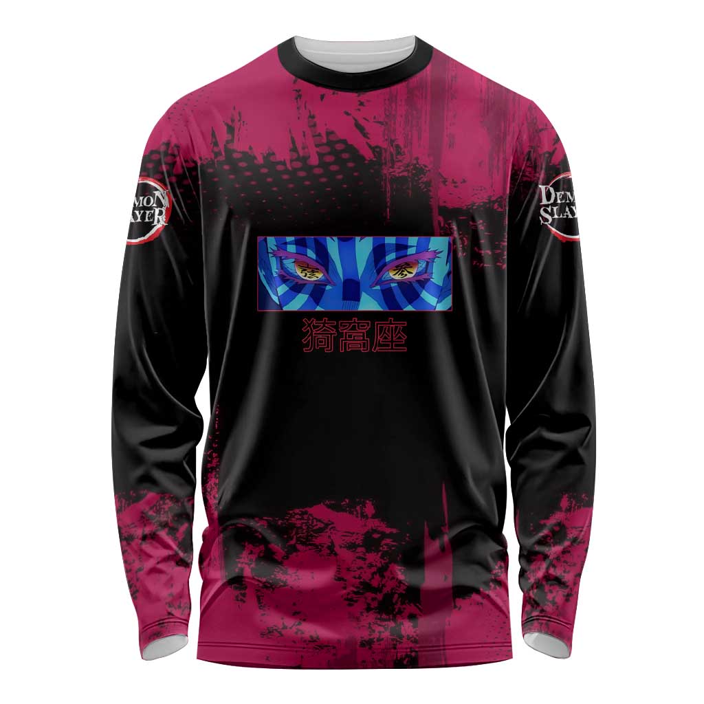 Akaza Demon Slayer Intense Eyes Design Long Sleeve Shirt with Red and Black Grunge Aesthetic and Dynamic Pose - The Mazicc