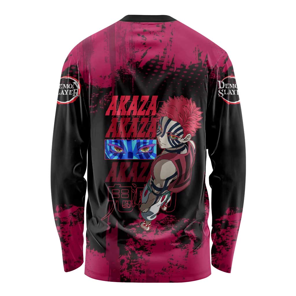 Akaza Demon Slayer Intense Eyes Design Long Sleeve Shirt with Red and Black Grunge Aesthetic and Dynamic Pose - The Mazicc